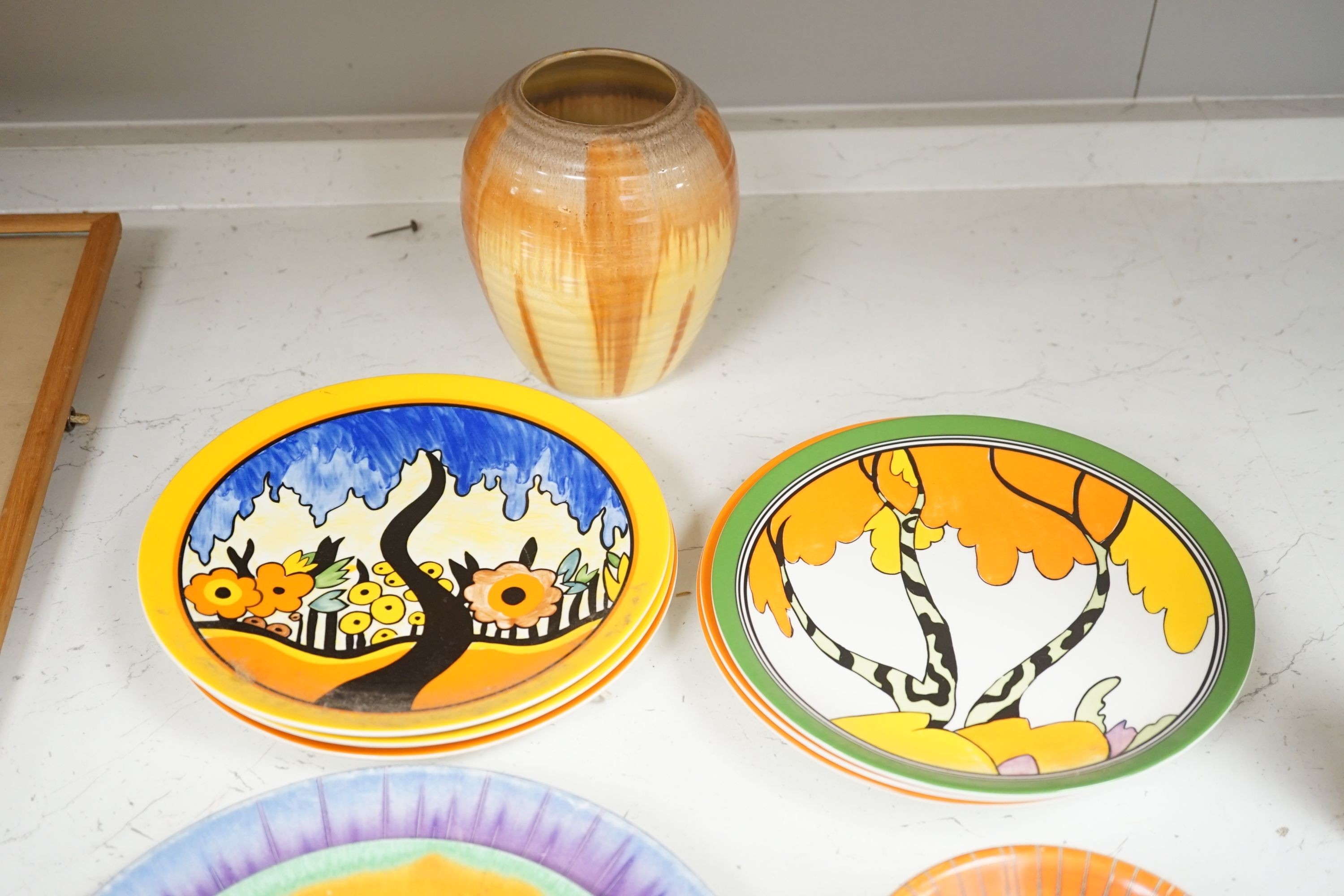 A quantity of Shelley dripware and six Wedgwood reproduction Clarice Cliff plates, largest plate diameter 24cm